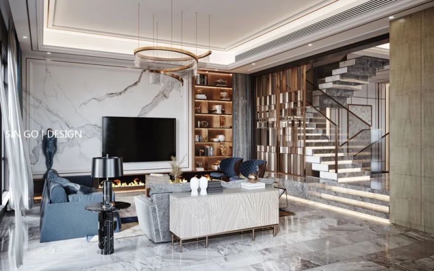 南京•复地朗香 650㎡混搭风别墅设计,现代轻奢质感与法式浪漫的完美融合-17