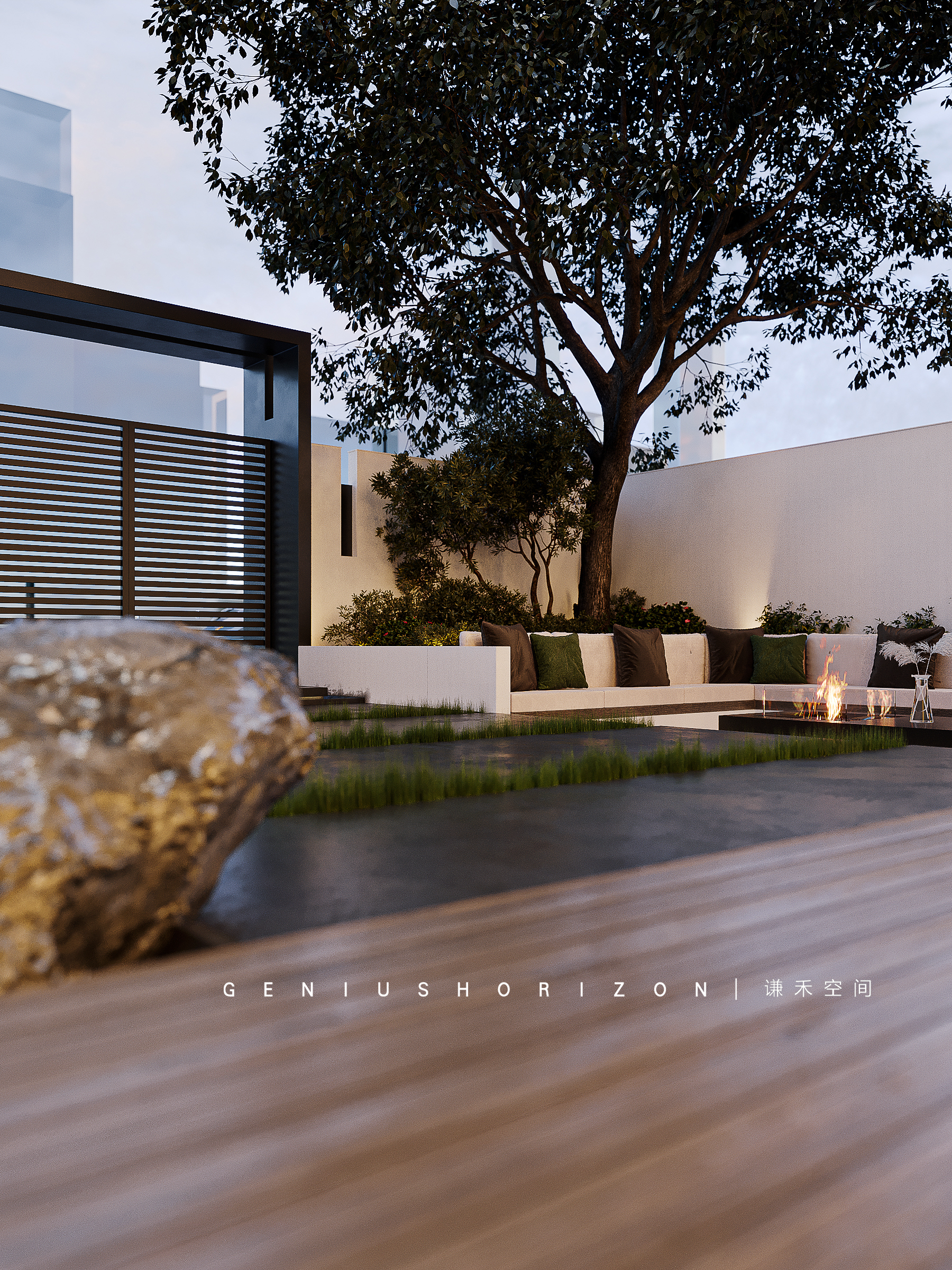 谦禾空间设计 隐山视觉 | 雨天庭院效果表现-2