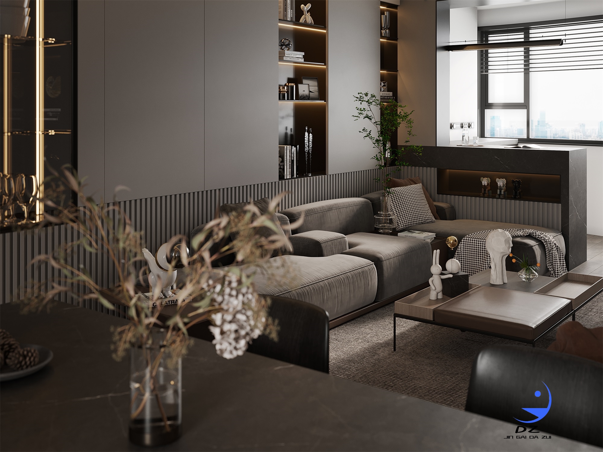 现代黑白系客餐厅卧室过道效果图-7