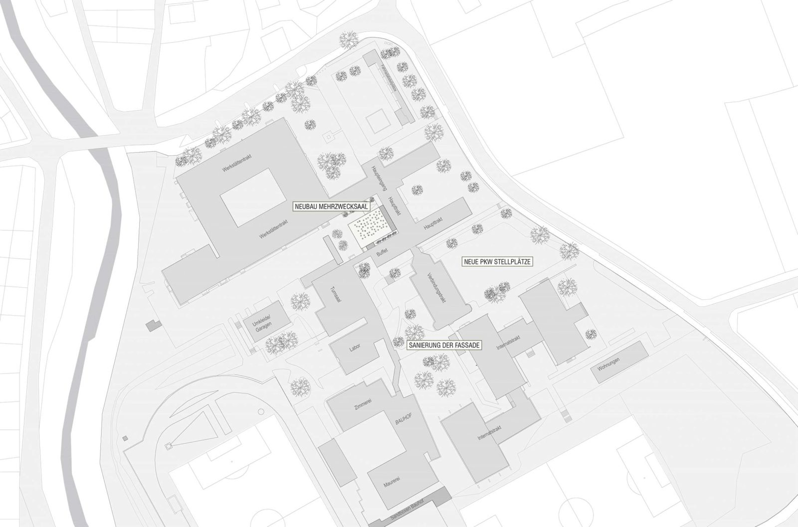 平卡费尔德酒店旅游学校园艺屋

注：HTL常见为德语Handelsschule und Techniksschule （商业与技术学校）或者 Höhere Technische Lehranstalt （高等技术学校）的缩写，结合GARTENHAUS（园艺屋）推测这里可能是与酒店旅游专业相关的学校，HTL Pinkafeld 直译为平卡费尔德高等技术学校，这里意译为平卡费尔德酒店旅游学校 具体还需要结合实际背景确定  丨HTL Pinkafeld  Hertl Architekten-3