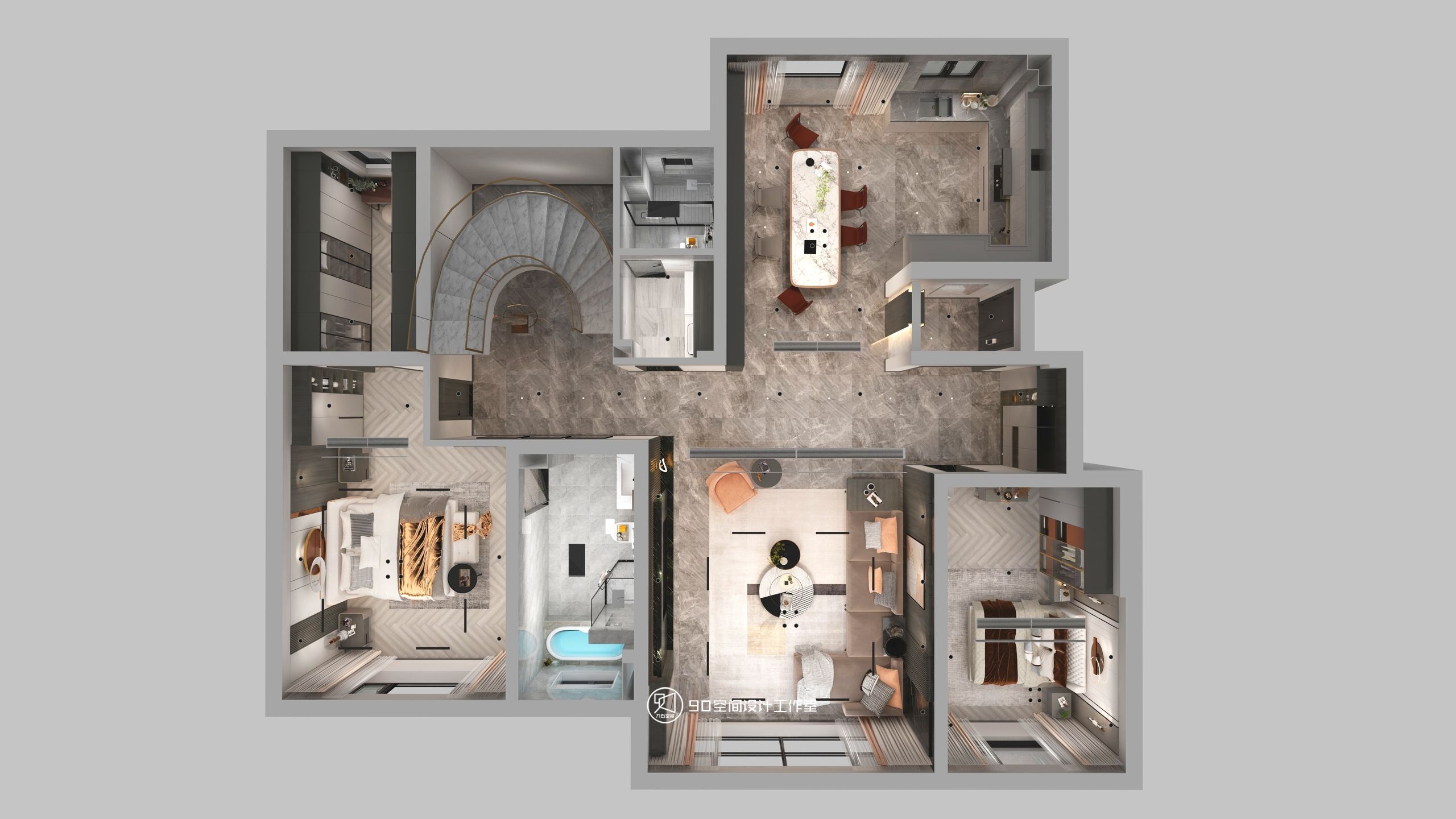 189㎡轻奢复式住宅设计丨90 空间设计-51