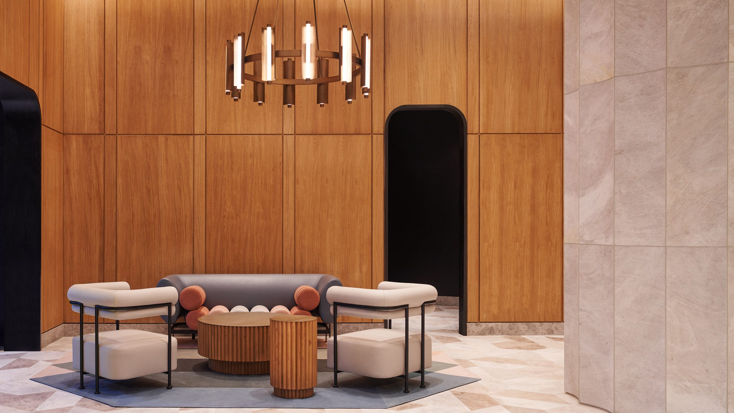 纽约布鲁克林塔楼 | 复古未来风格的豪华公寓大堂设计-0