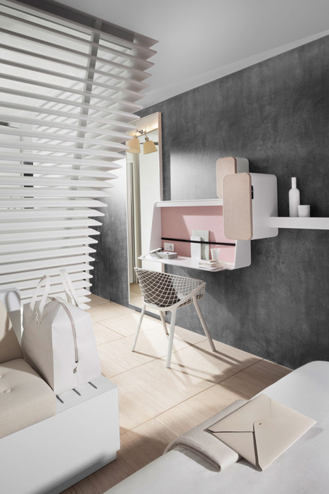 Okko hotel interior by Patrick Norguet with en suites behind louvred walls-2