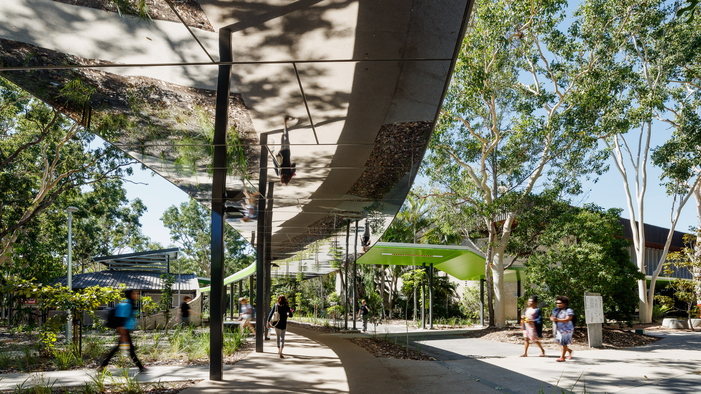 Mirrored ceilings reflect surroundings of walkway at Australian university-0