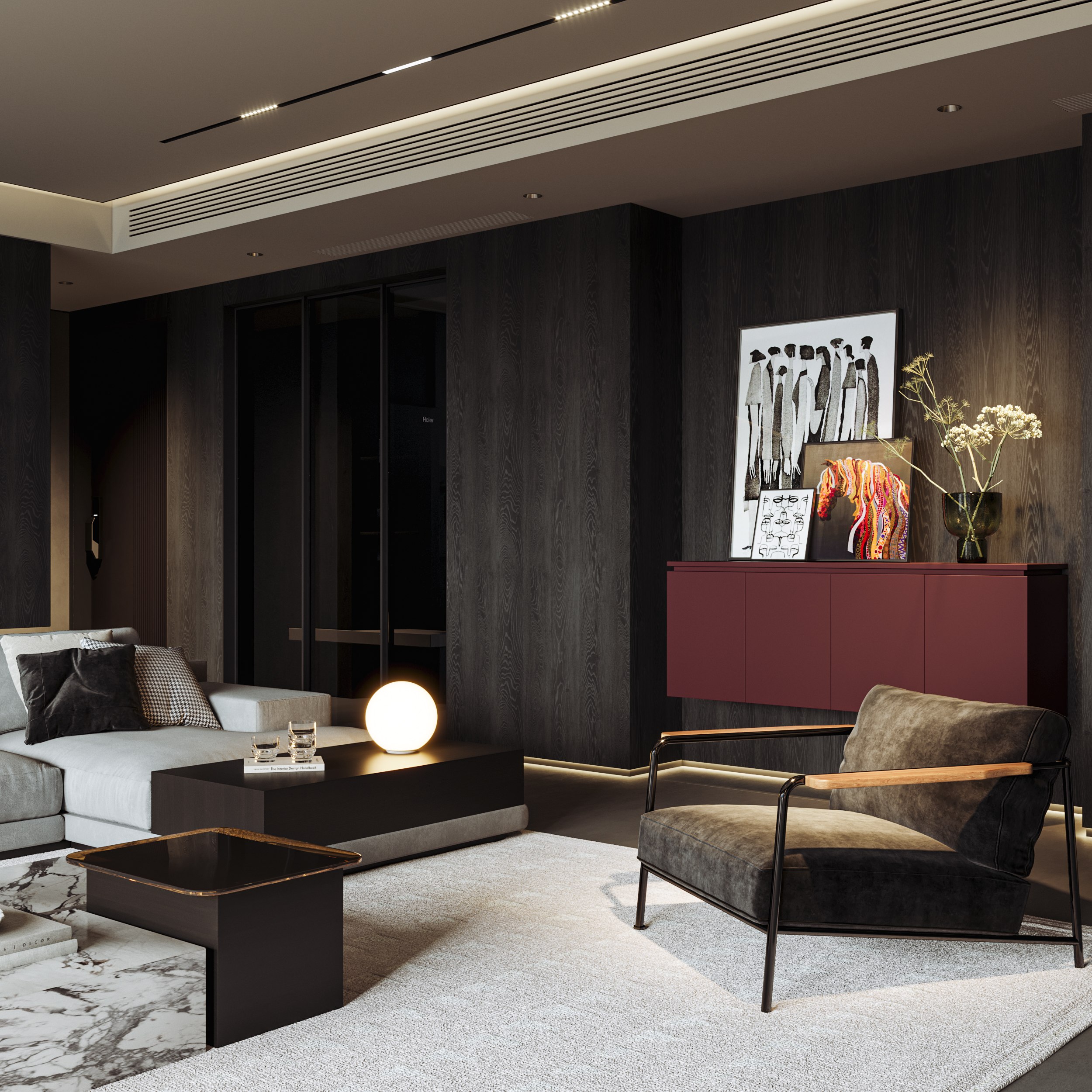 现代黑白灰·大横厅丨冈舍效果图表现-19