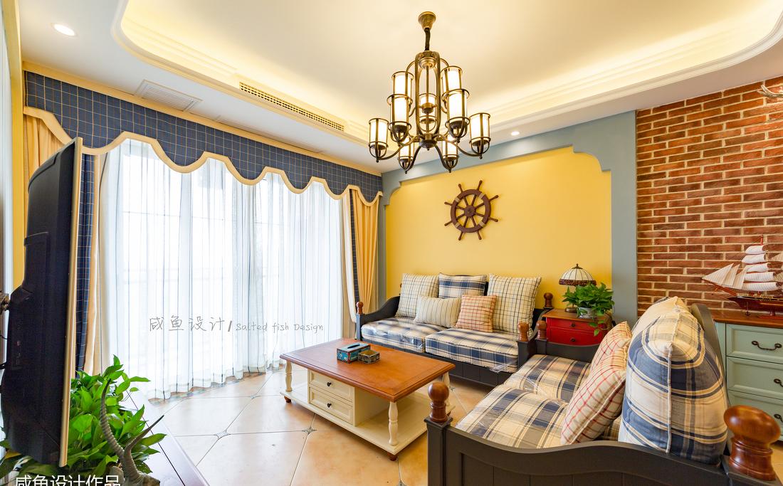 蓝色客厅文化石装饰，儿童房粉红榻榻米-4