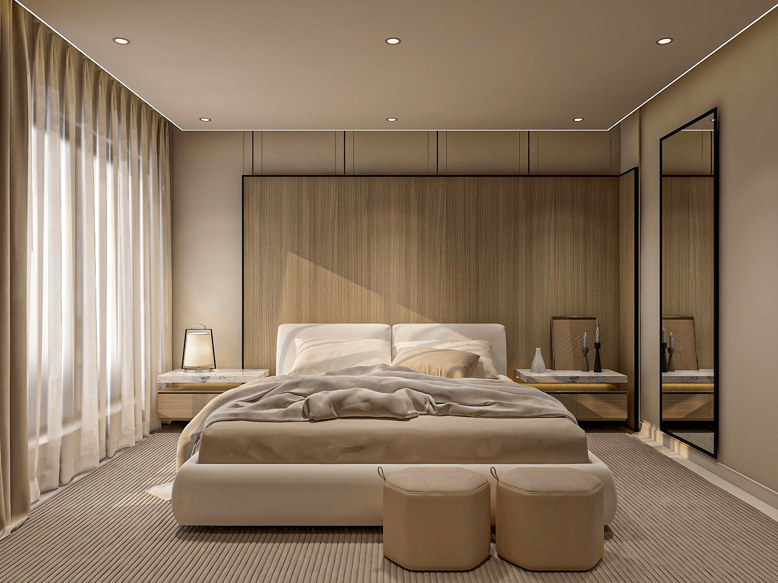 A modern bedroom with a touch of warmth and elegance.-2