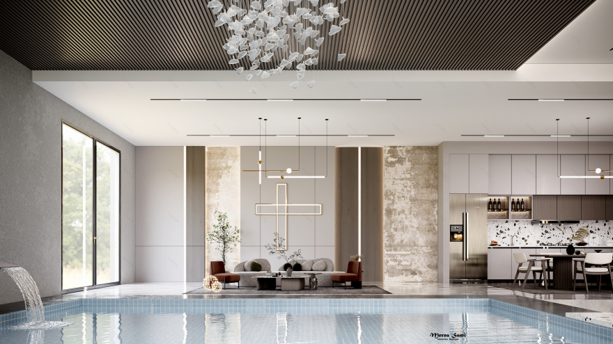 现代室内泳池,开放式厨房和客厅室内设计-6