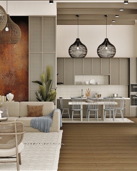 Modern Warm Chalet Living and Dining Design