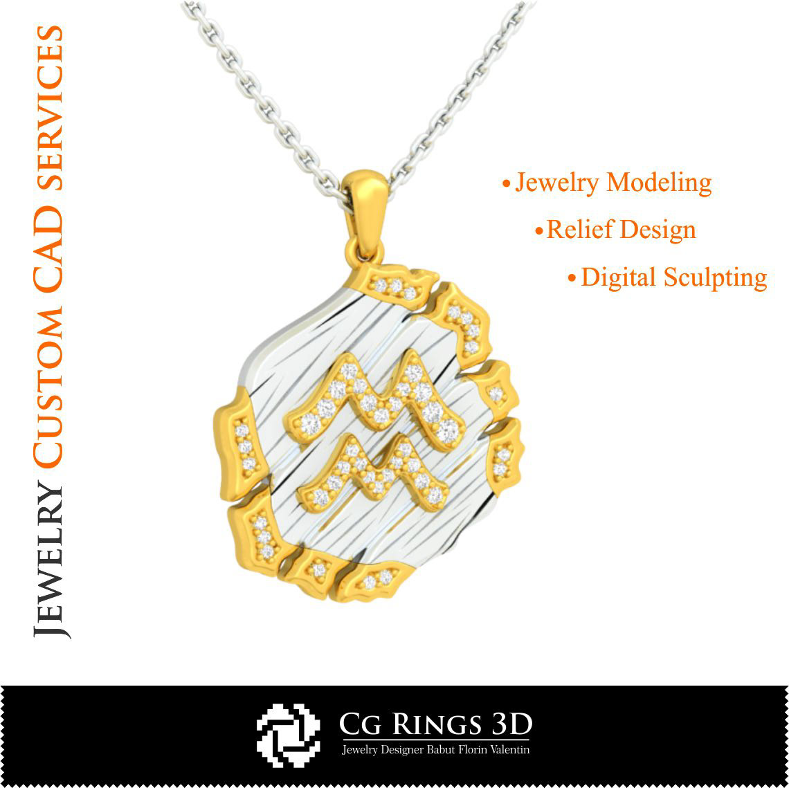 Jewelry.Aquarius Zodiac Pendant - 3D CAD-2