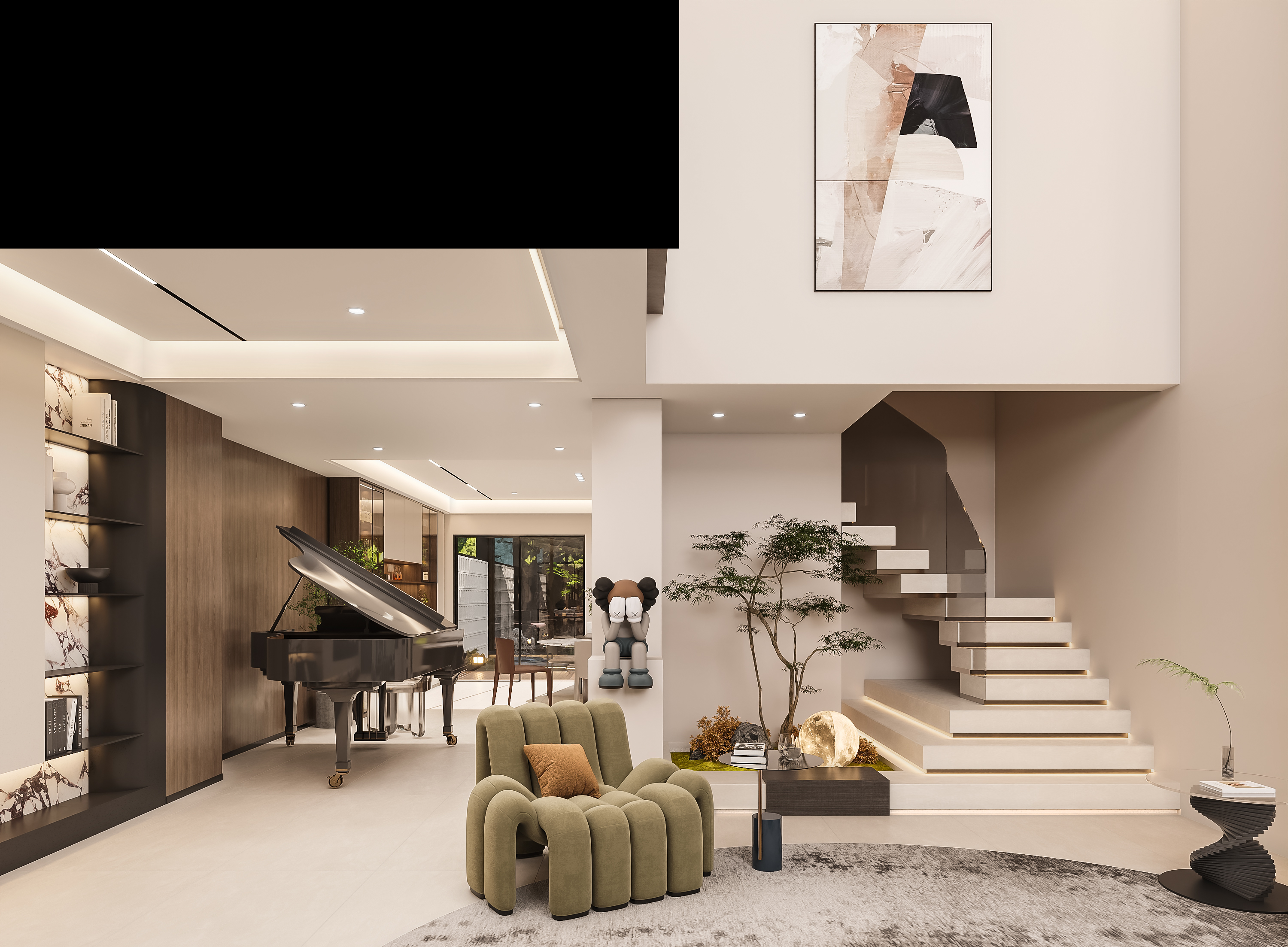 轻奢挑空别墅客餐厅效果图表现-2