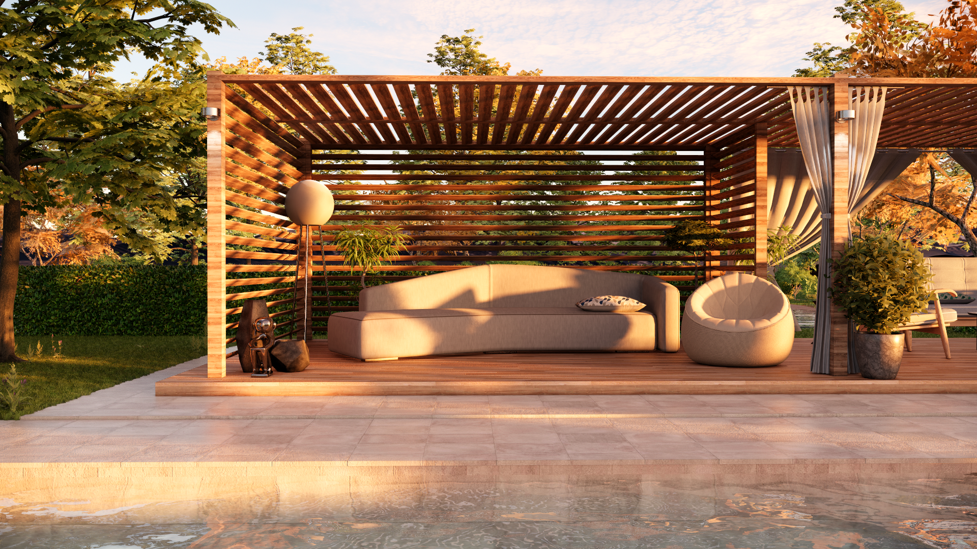 Modern pool lounge with firepit-1