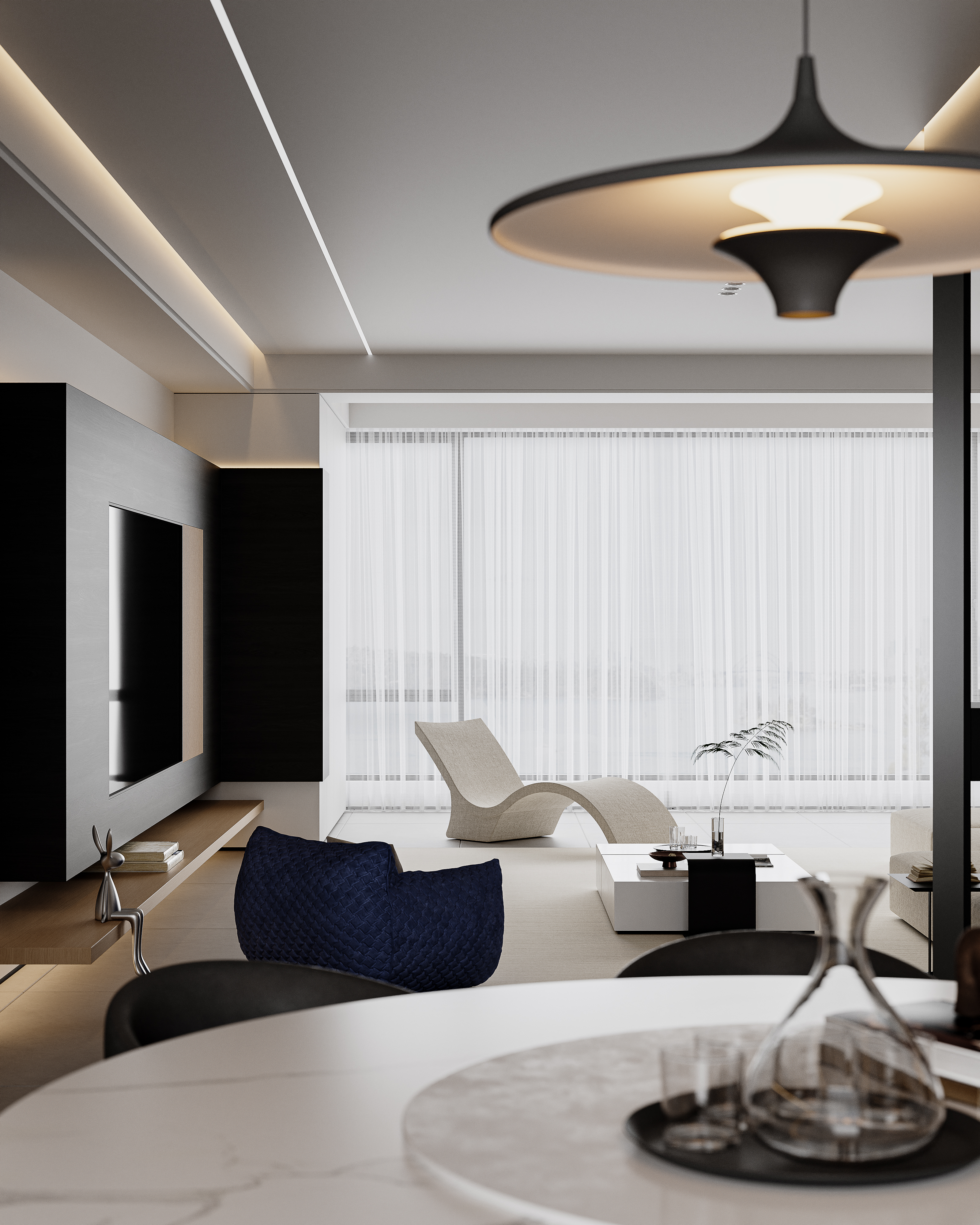 现代极简 木纹色和深色的碰撞，客餐厅-7