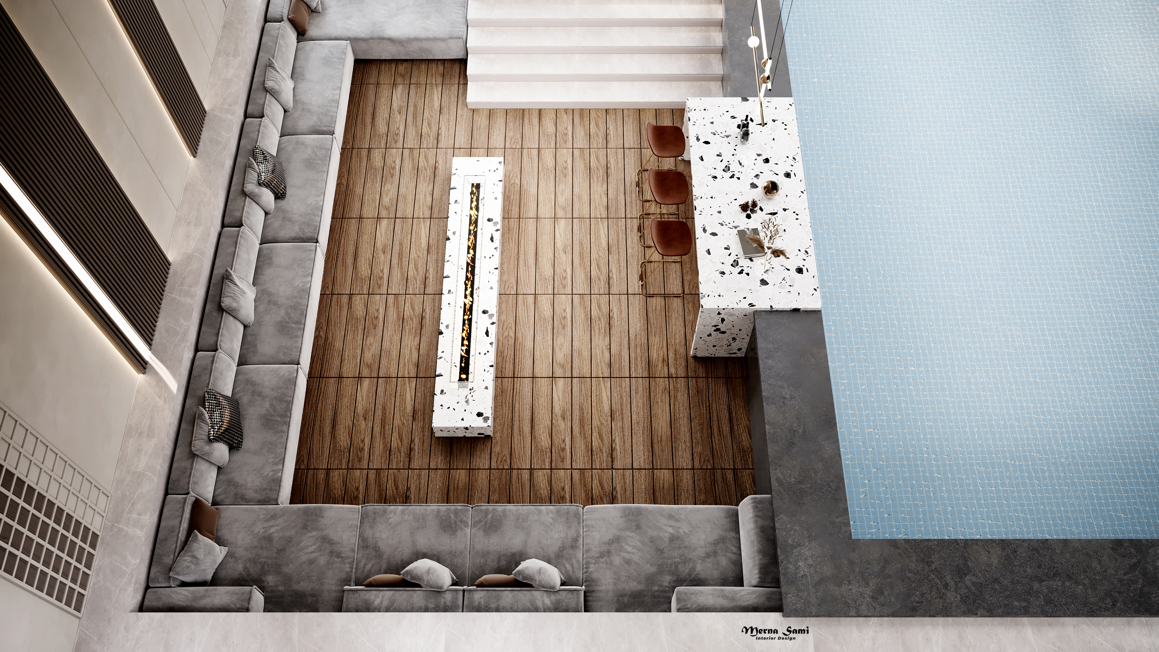 现代室内泳池,开放式厨房和客厅室内设计-17