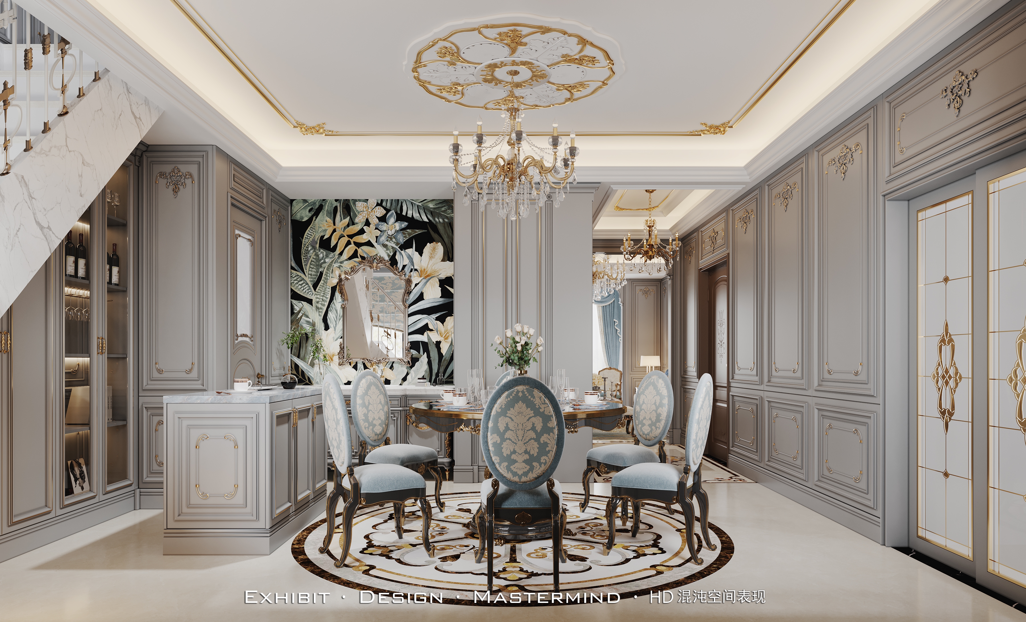 法式轻奢风复式客餐厅效果丨混沌空间表现-5
