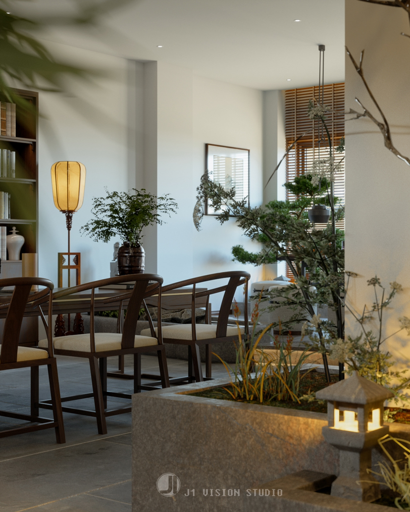 新中式茶室效果图渲染-0