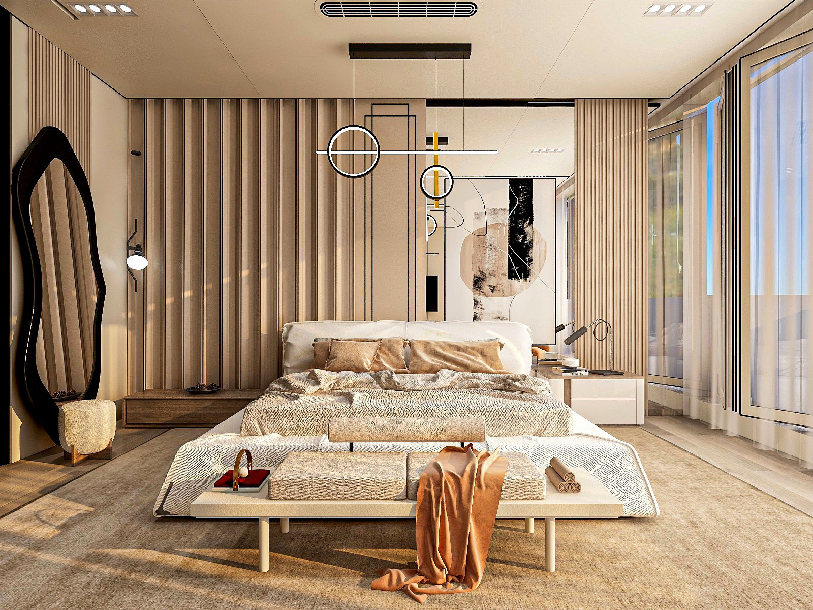 A serene bedroom with a modern minimalist aesthetic.-0