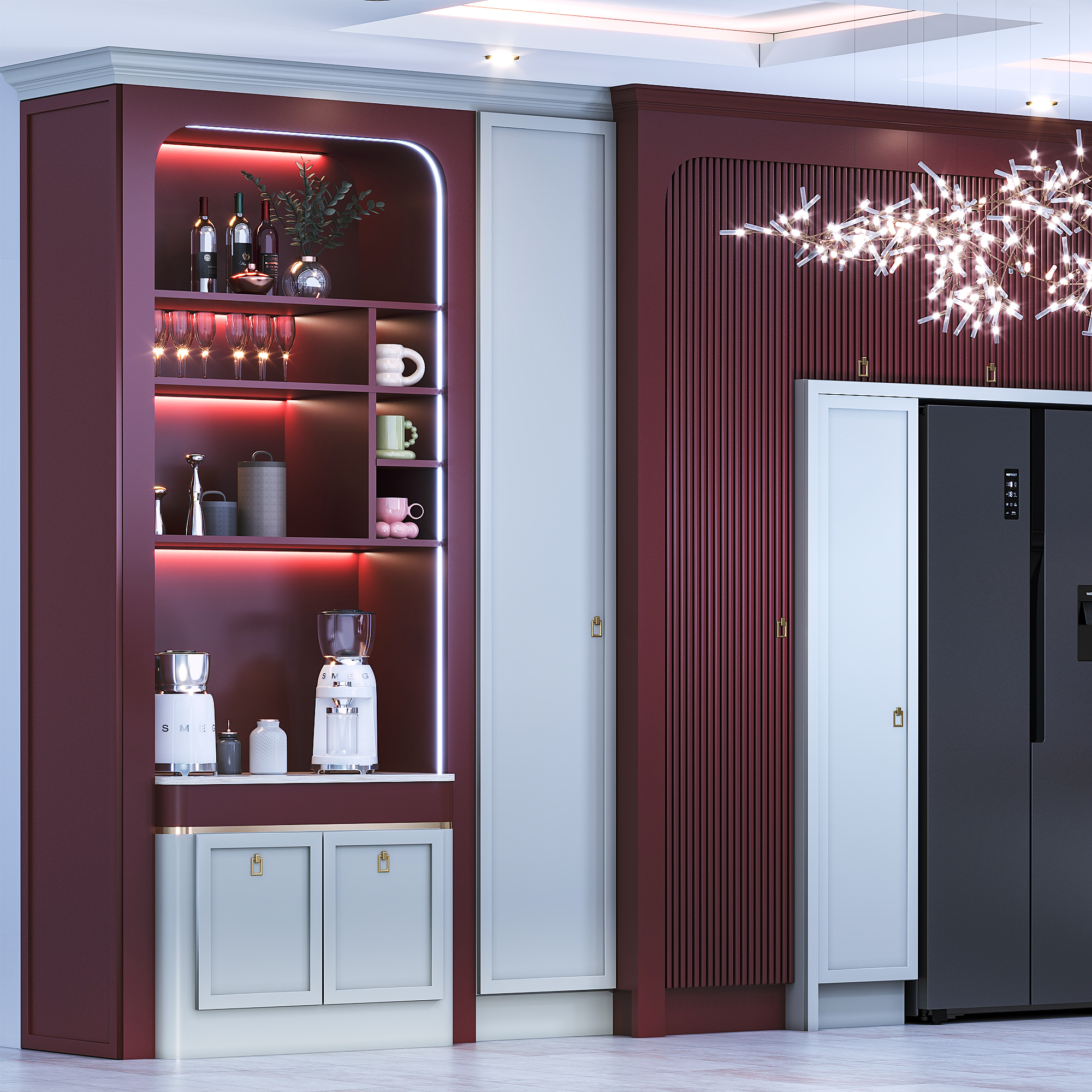 “Red & Grey Neoclassic Kitchen Design”-1