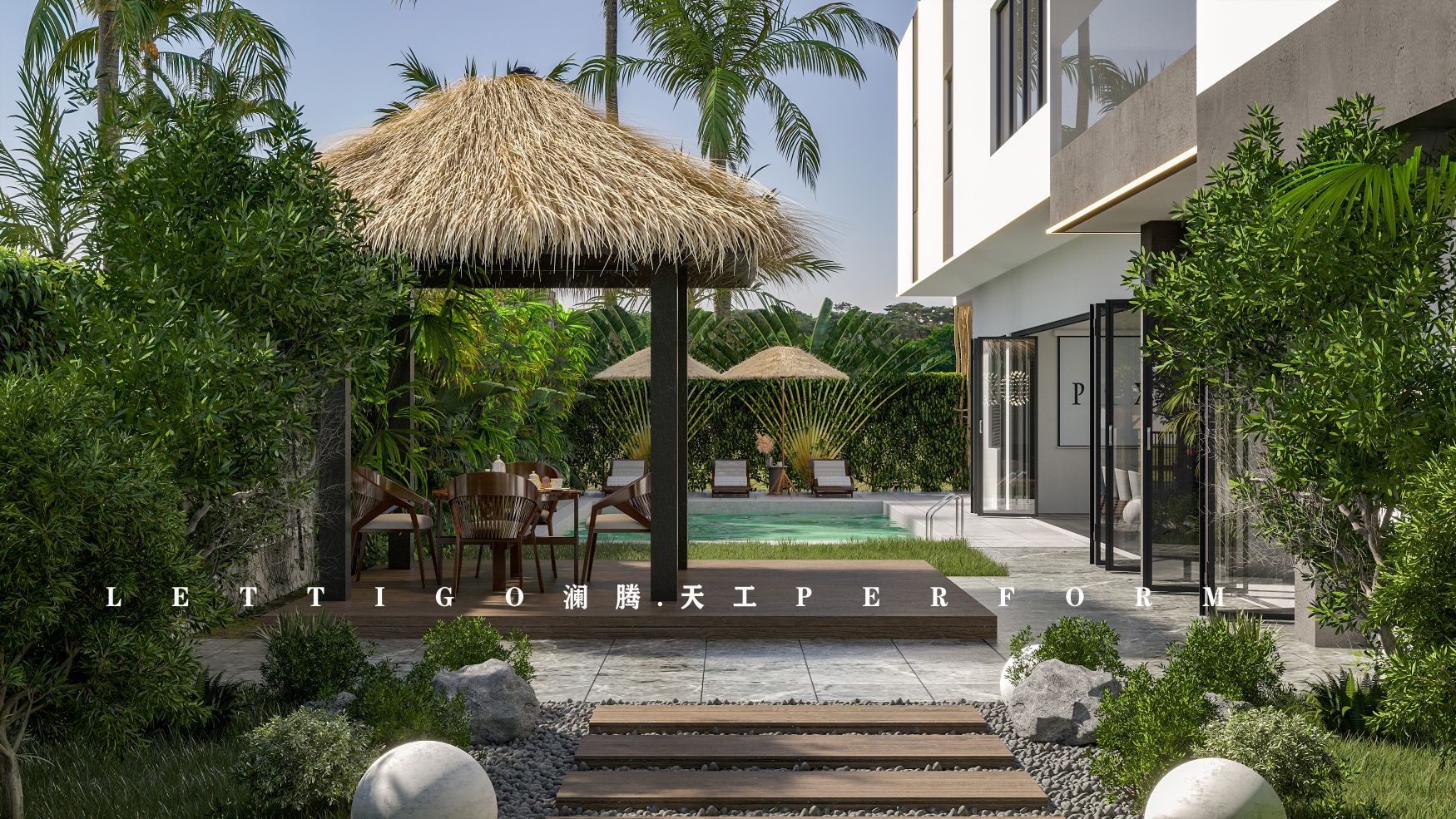 现代泳池别墅外观+庭院花园-7