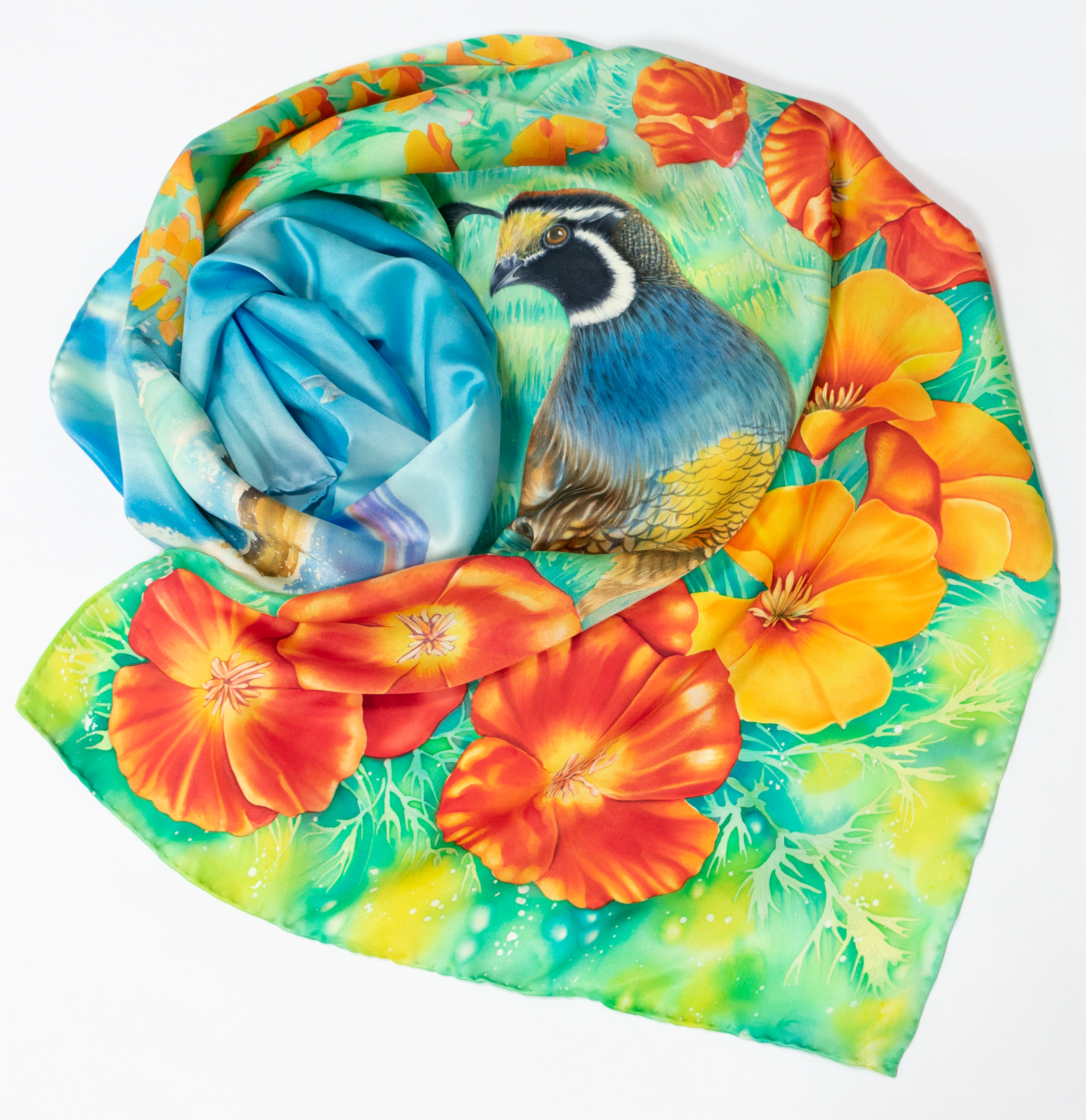 手绘加利福尼亚鹌鹑与罂粟花丝绸围巾-0