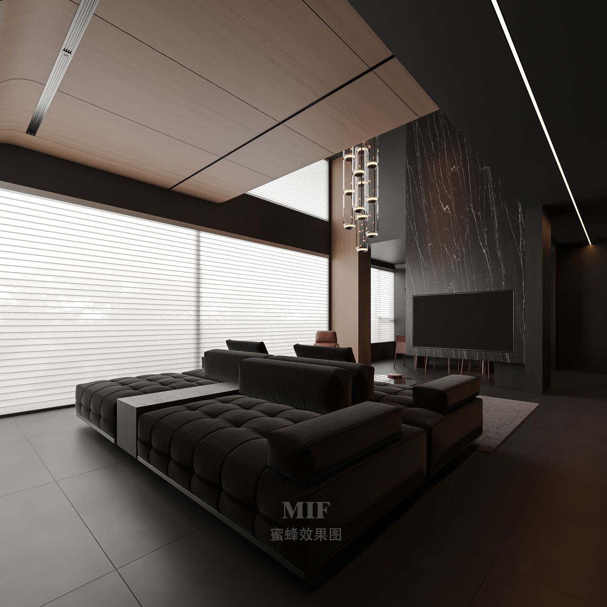 深色系别墅厅渲染-4