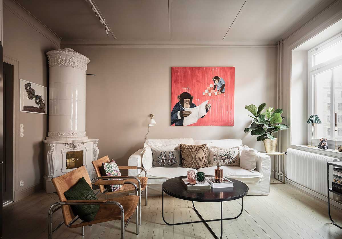 瑞典 48 平米趣味公寓 | 暖色调与幽默壁画完美结合-1