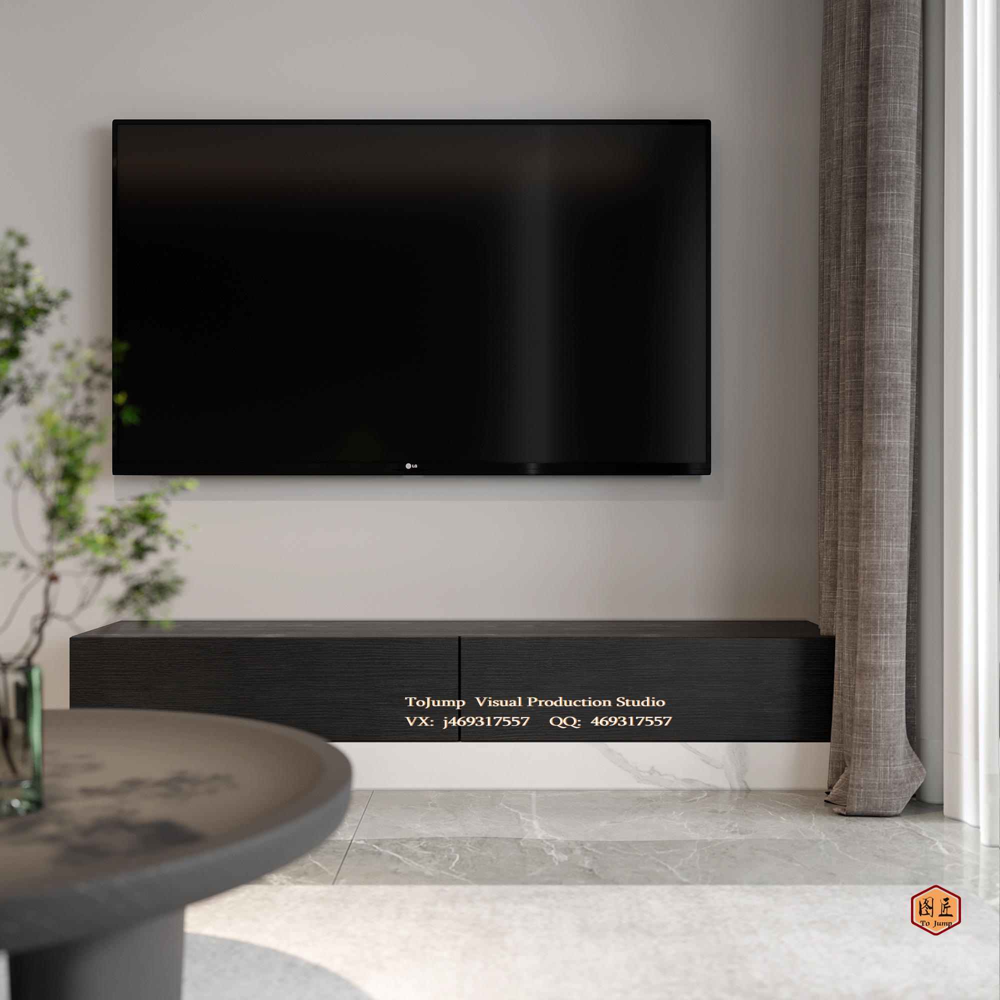 现代黑白灰客餐厅写实渲染效果图-5