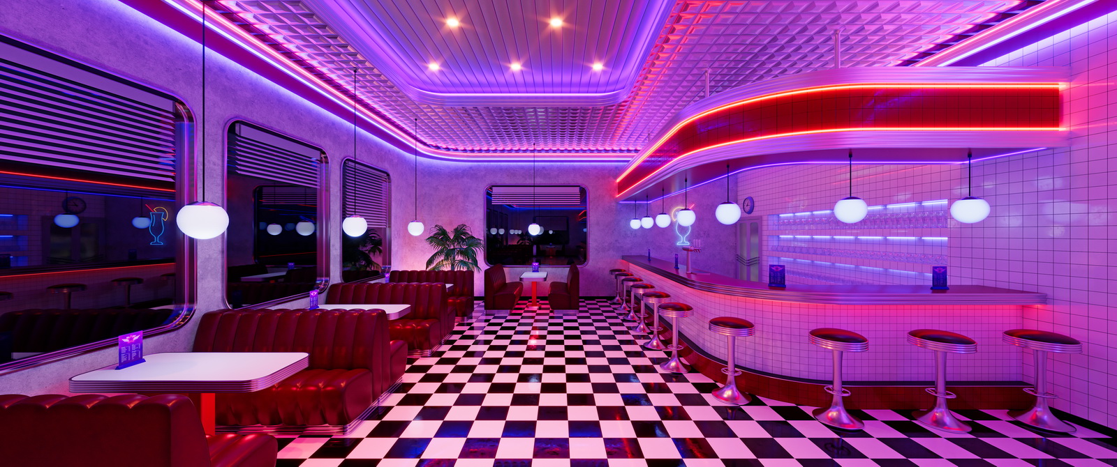 Retro diner interior with jukebox and arcade machine.-1