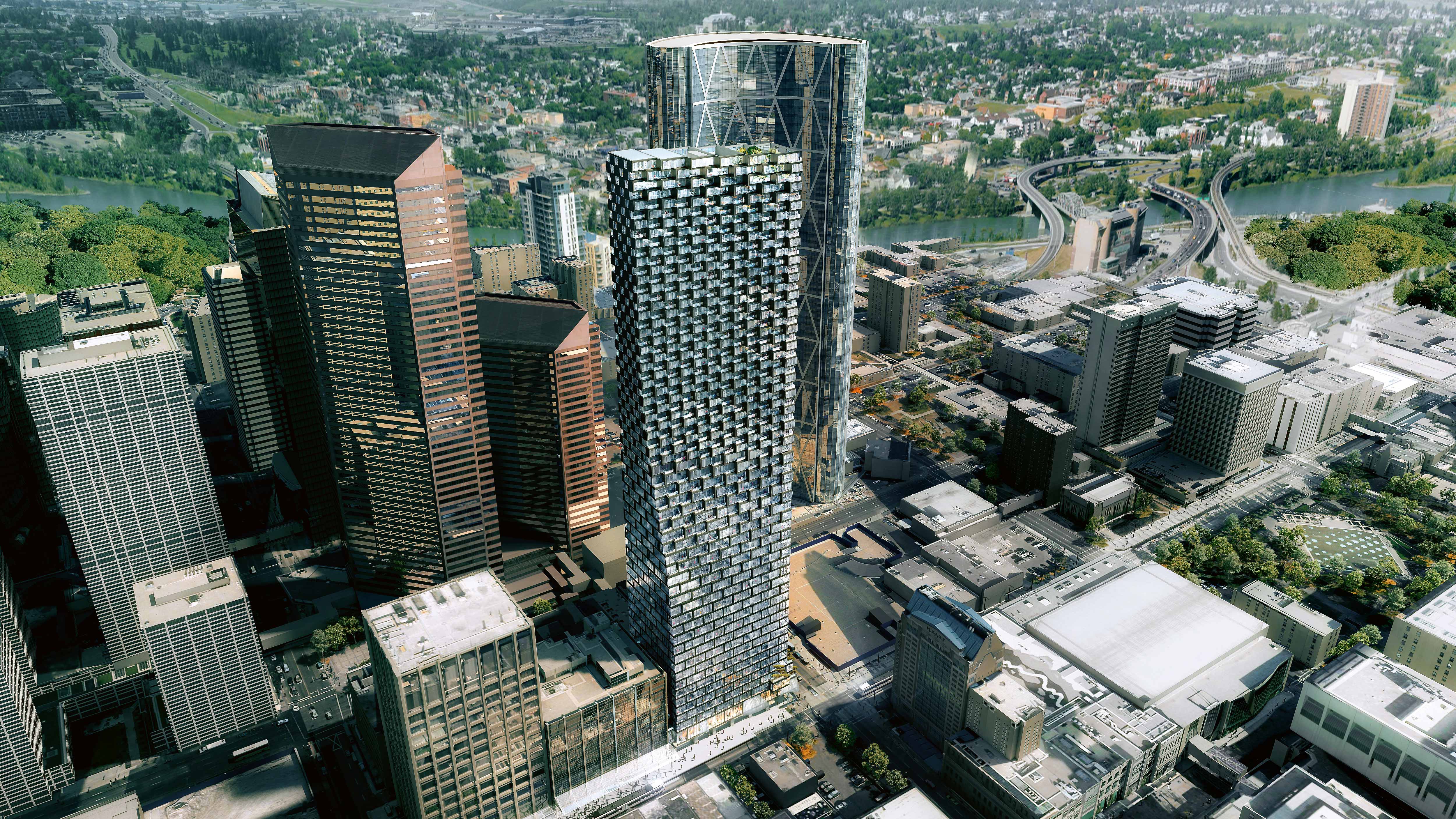 Calgary 市中心的 Telus Sky 塔楼 | 摩天大楼中的住宅与办公空间融合-0