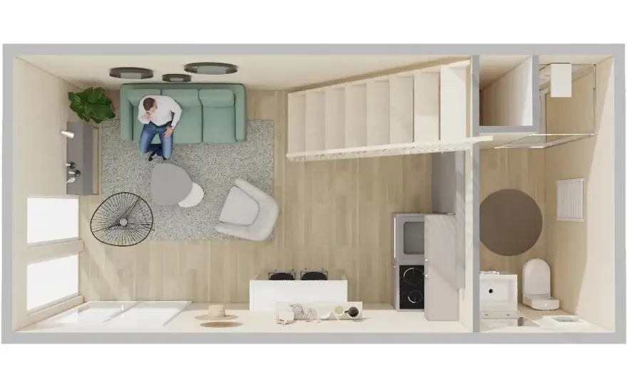 10 天搭建完成!30m²迷你木屋带阳台与夹层-8