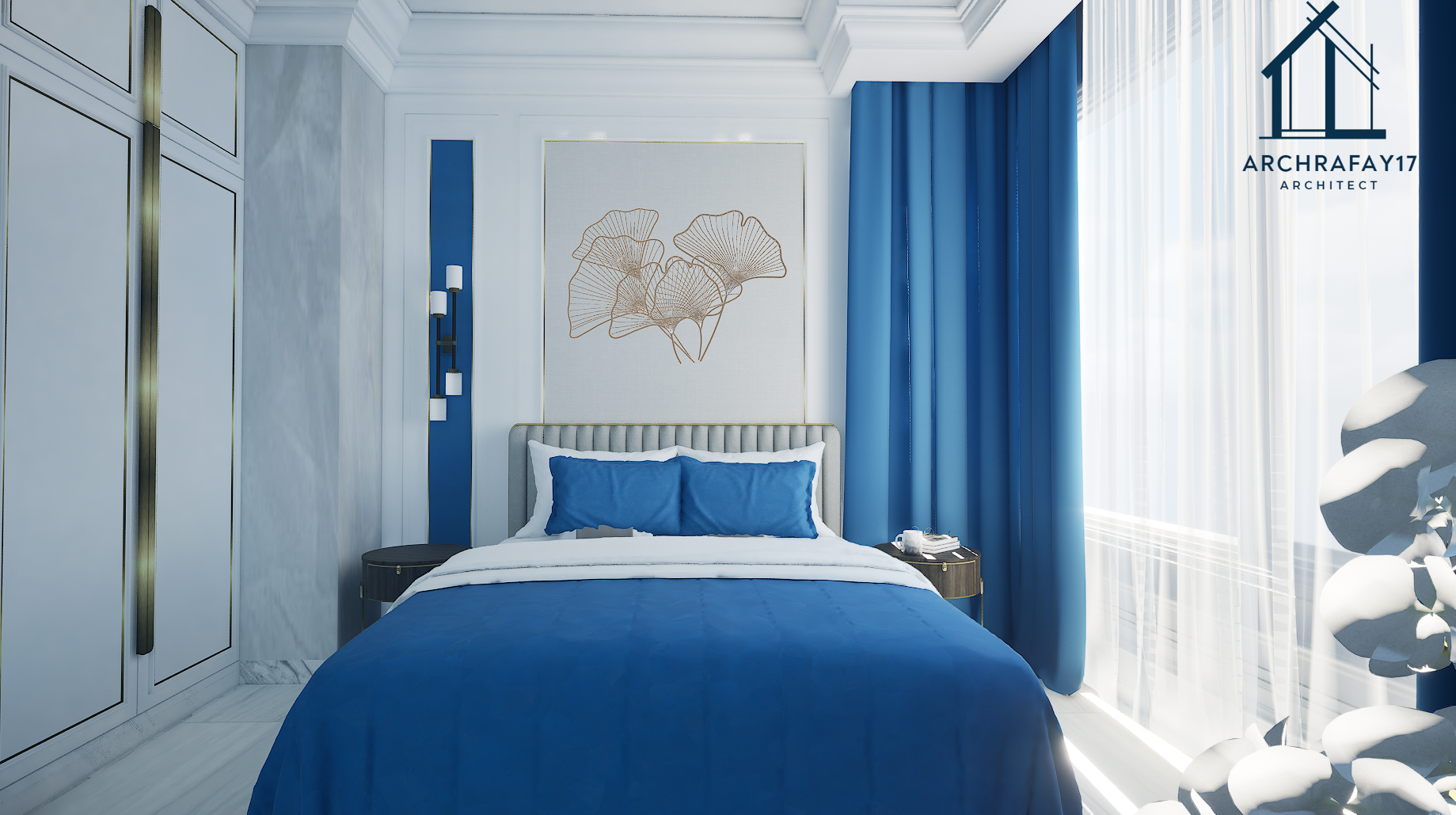 Minimalist Bed room interior design blue scheme-3