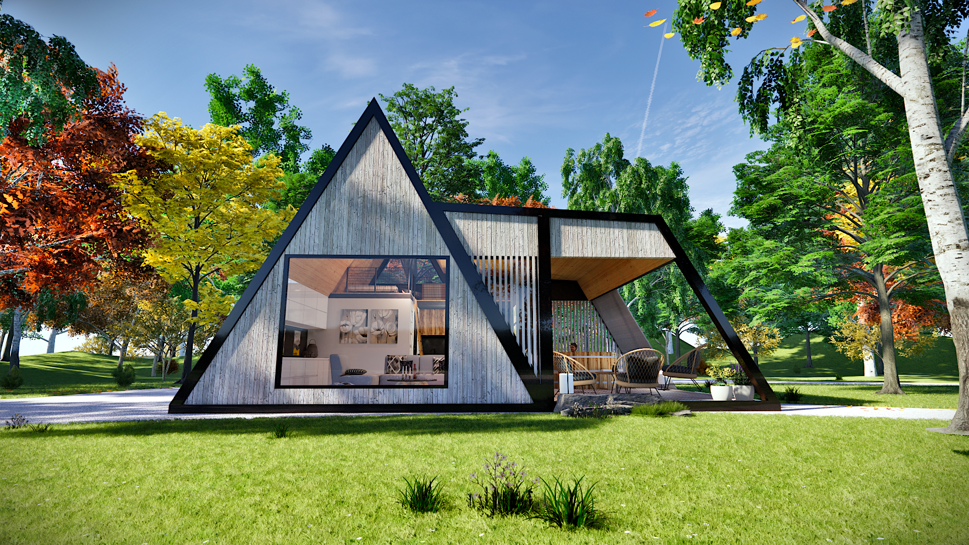 Modern A-frame house w fireplace and hot tube-0