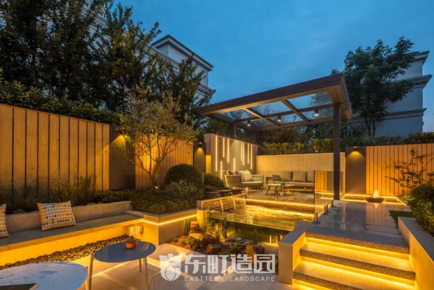 80㎡现代简约庭院,水景与夜景的完美融合-21