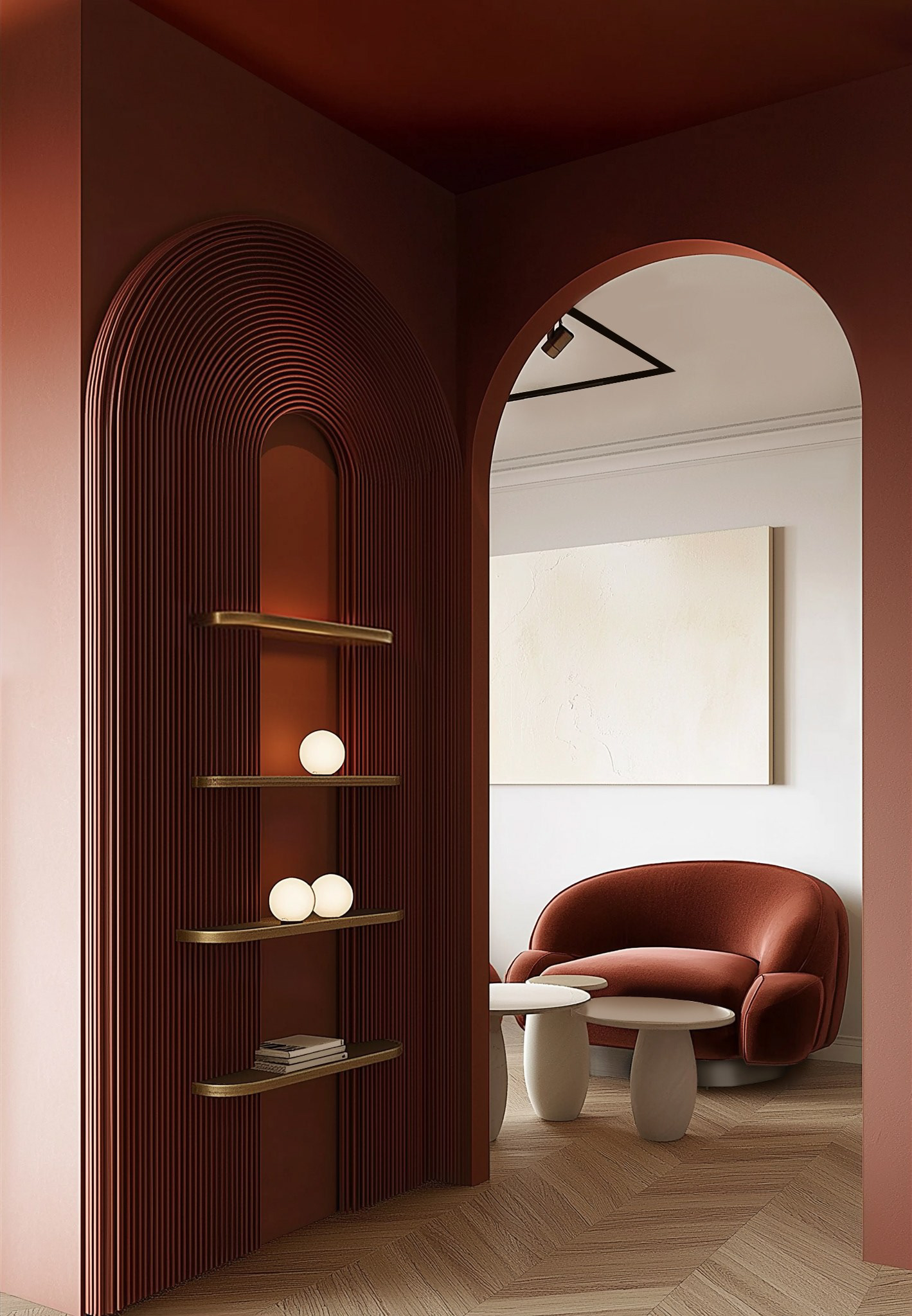 用红色弯曲（绘制、勾勒等，需结合具体语境确定curved准确含义）

注：由于不清楚curved在具体语境中的准确动作，这里给出一个宽泛解释若有更详细语境，可提供以得到更精确翻译  -17