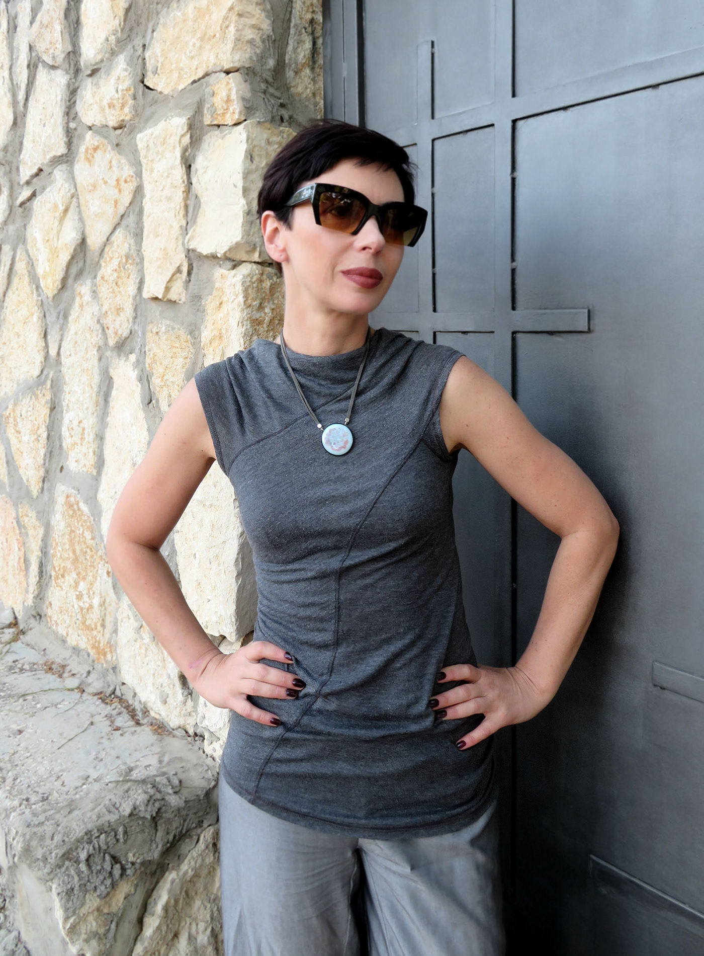 灰色粉色熔融玻璃吊坠-1