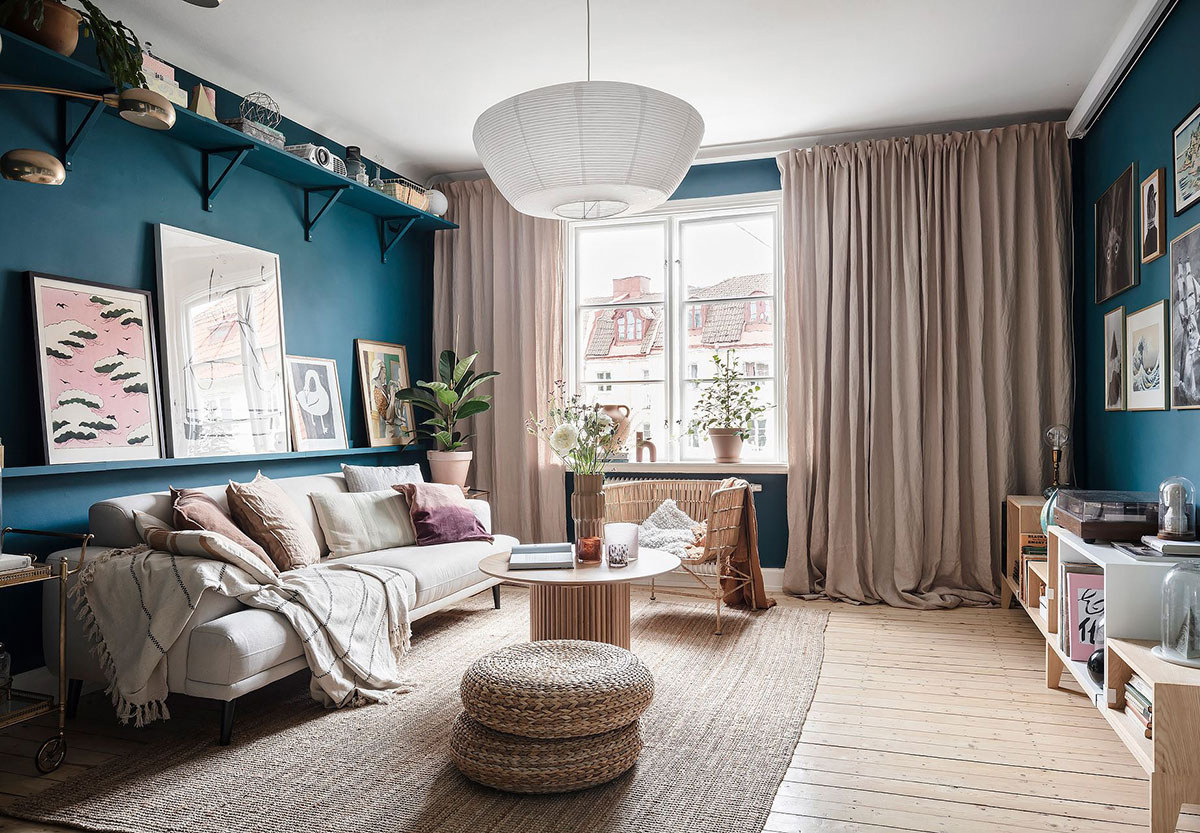 哥德堡大胆蓝色公寓,充满装饰的 65 平米空间-5