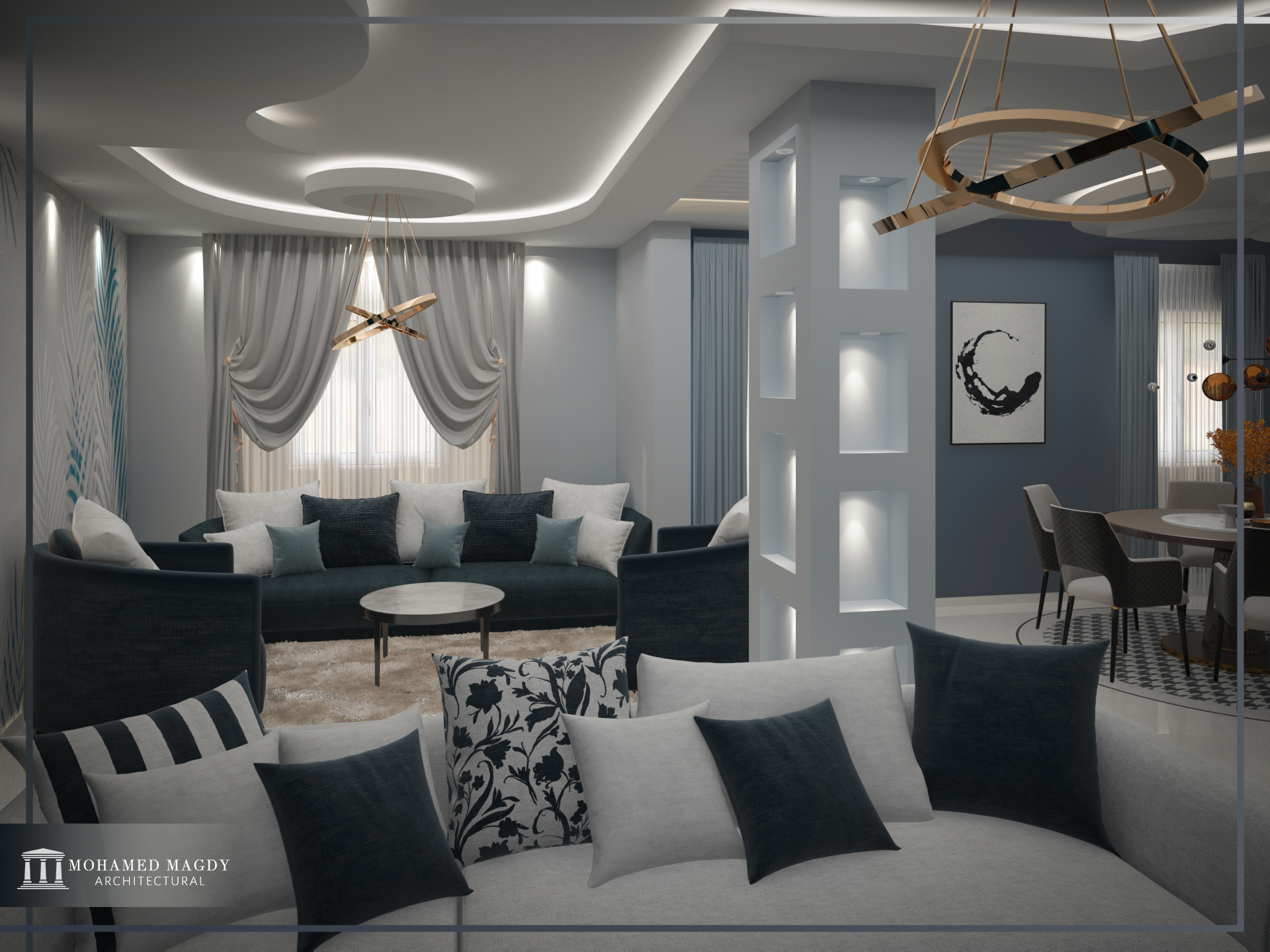 White and blue reception room-0