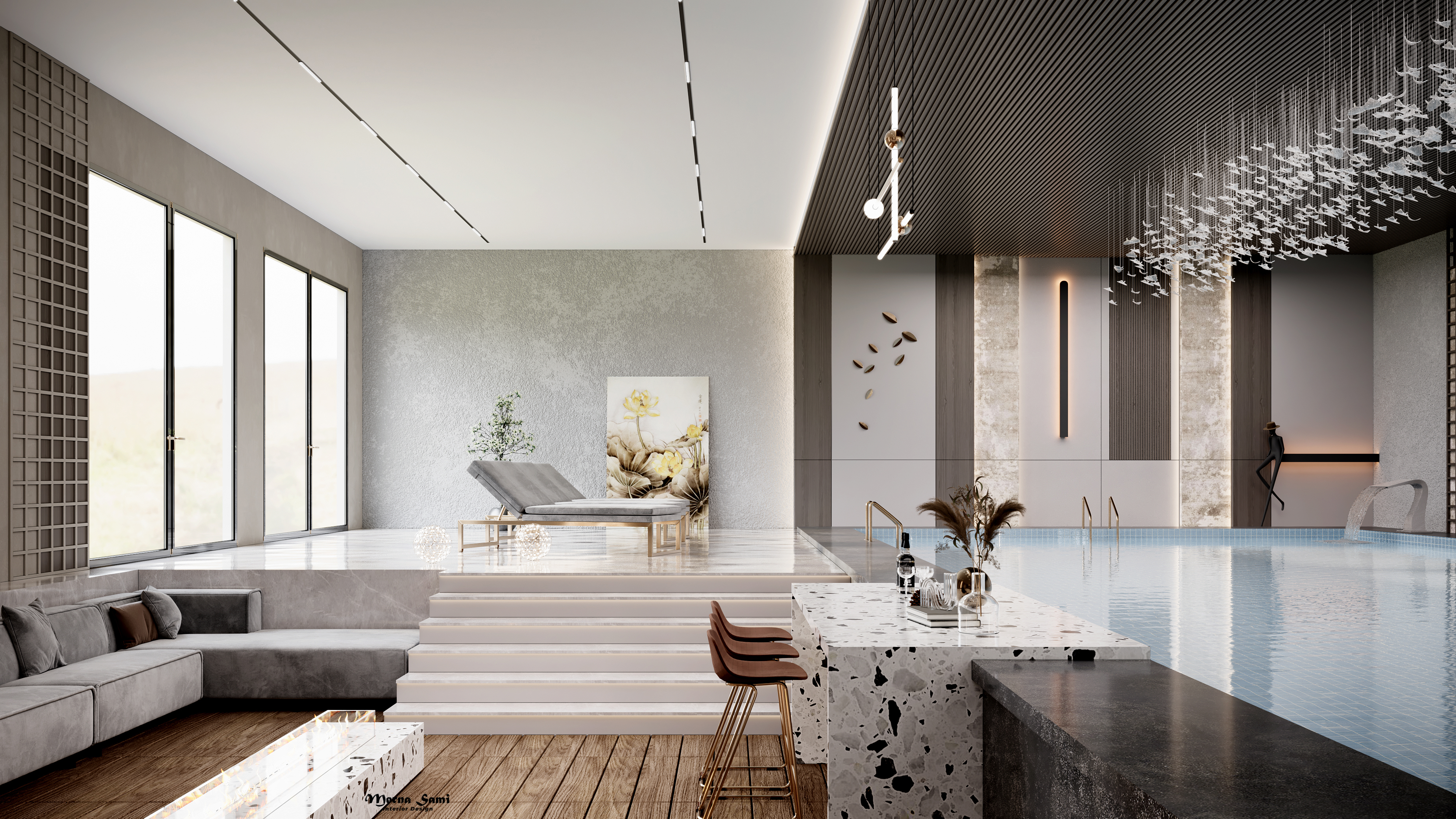 现代室内泳池,开放式厨房和客厅室内设计-14