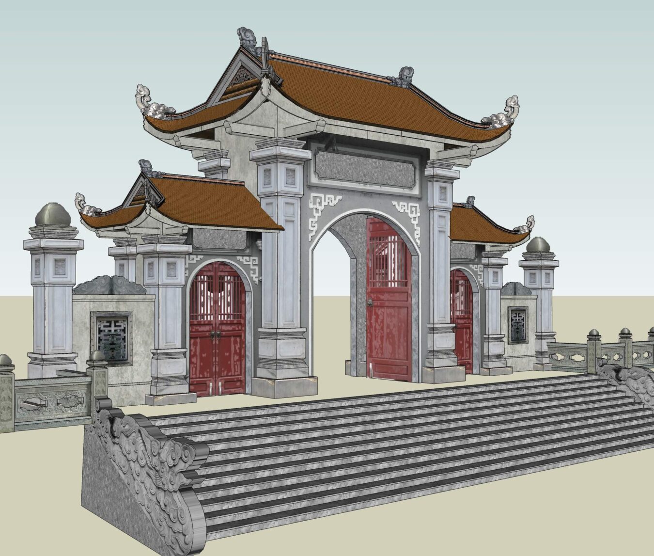 越南古建筑寺庙大门围墙栏杆Sketchup素材库-8