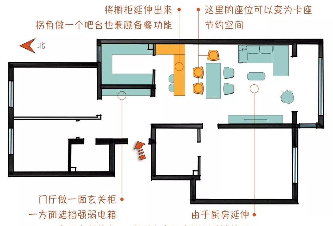 莫兰迪色系撞色设计,打造 107㎡三室一厅的时尚空间-4