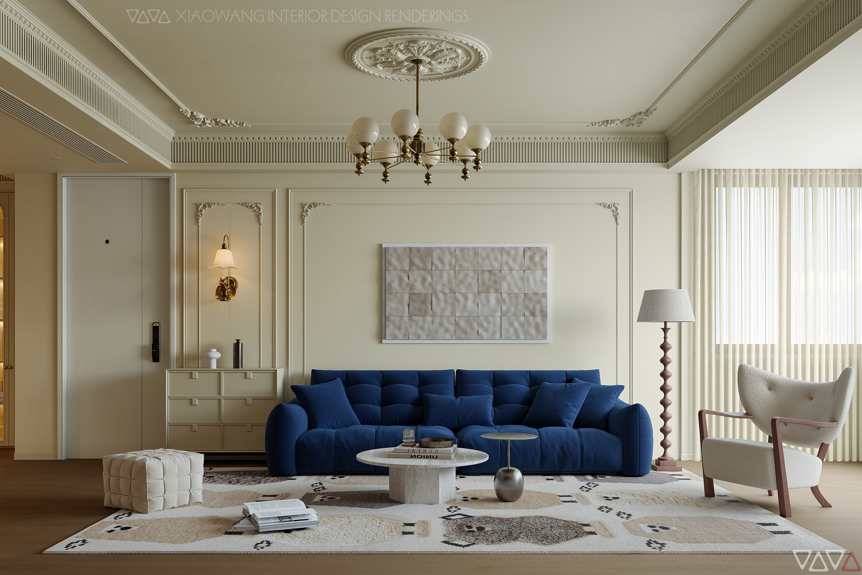 法式奶油风客餐厅效果图-1