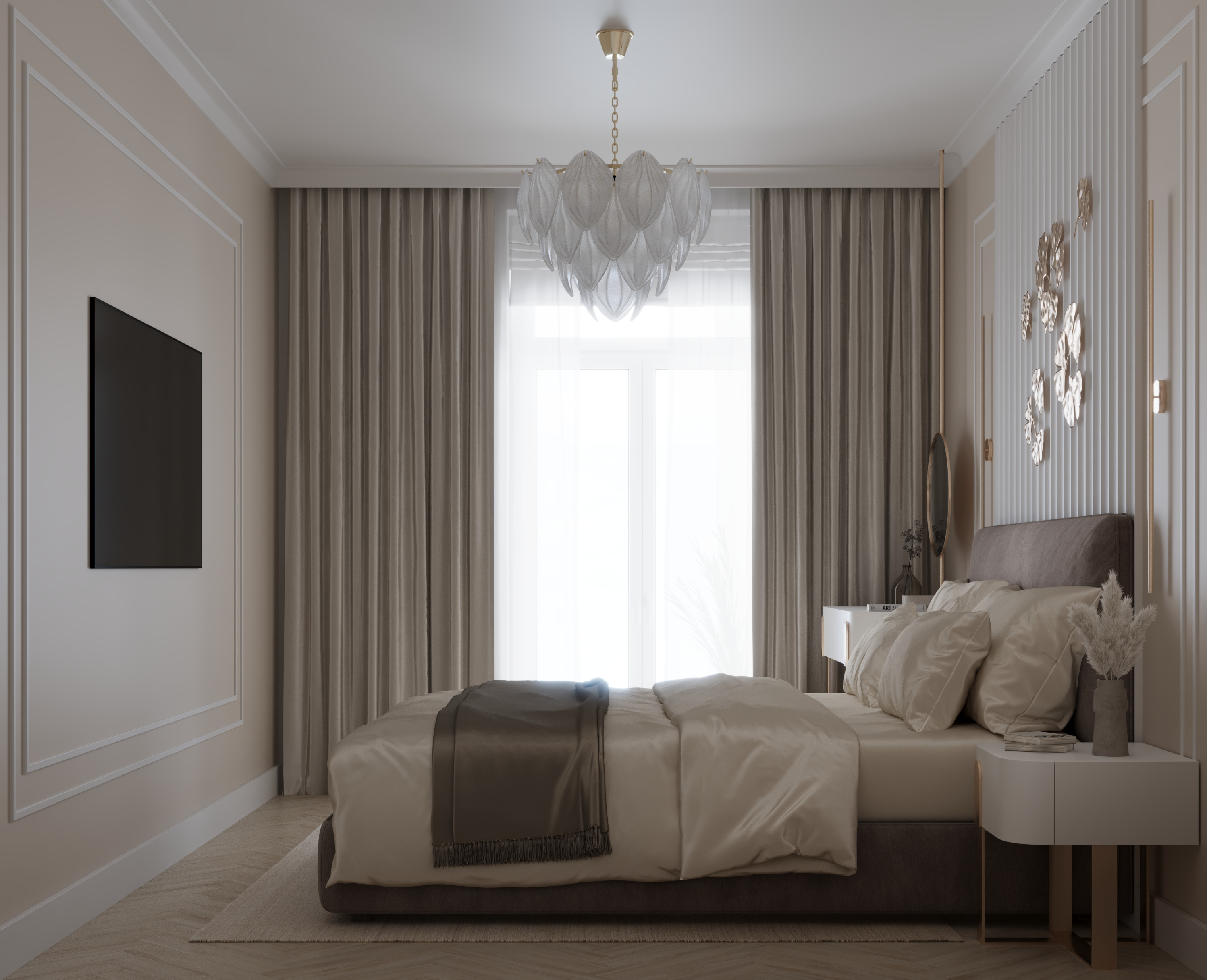 Beige color bedroom with metal decor 3D visualisation-2