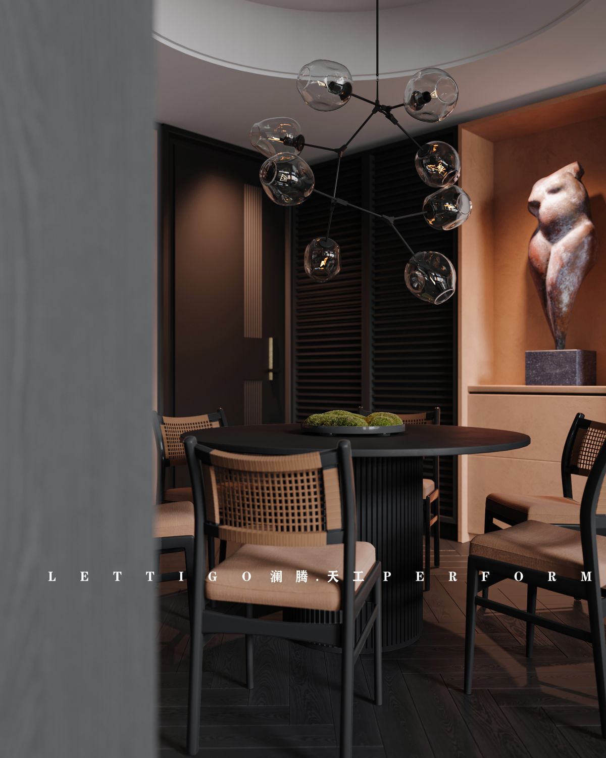 ​现代挑空别墅客餐厅，当高级黑爱上暗红系-13