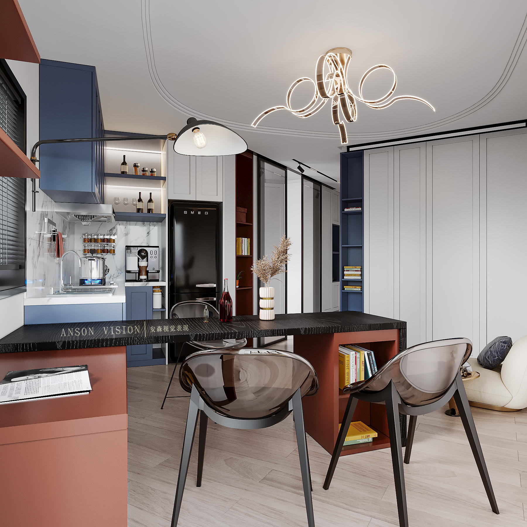 简约时尚的红蓝白小户型住宅设计-6