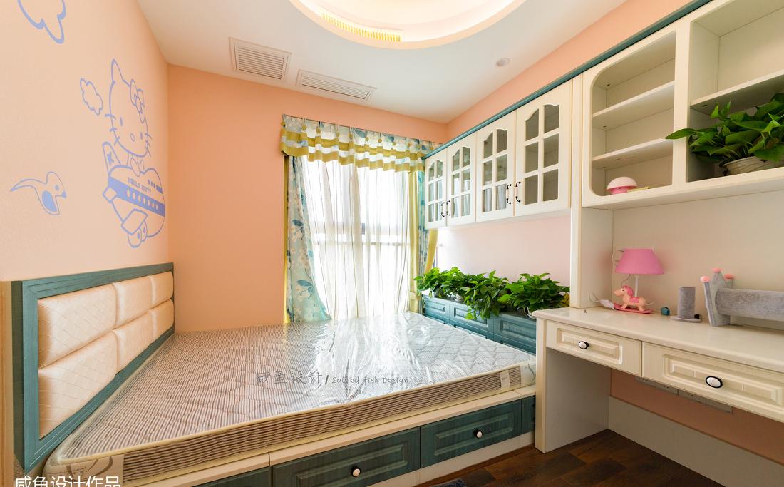 蓝色客厅文化石装饰，儿童房粉红榻榻米-14