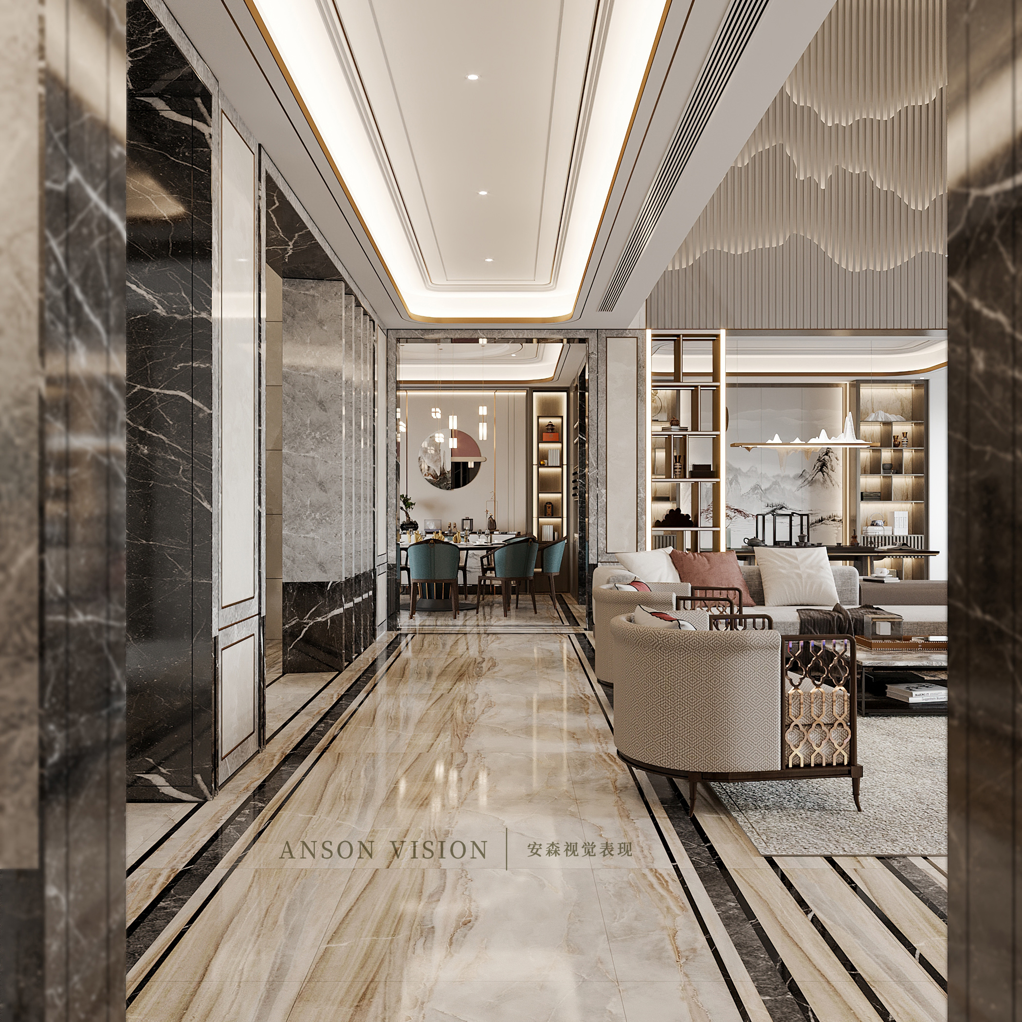 韵味·新中式别墅效果图丨Ansonvision·蒙头睡-13