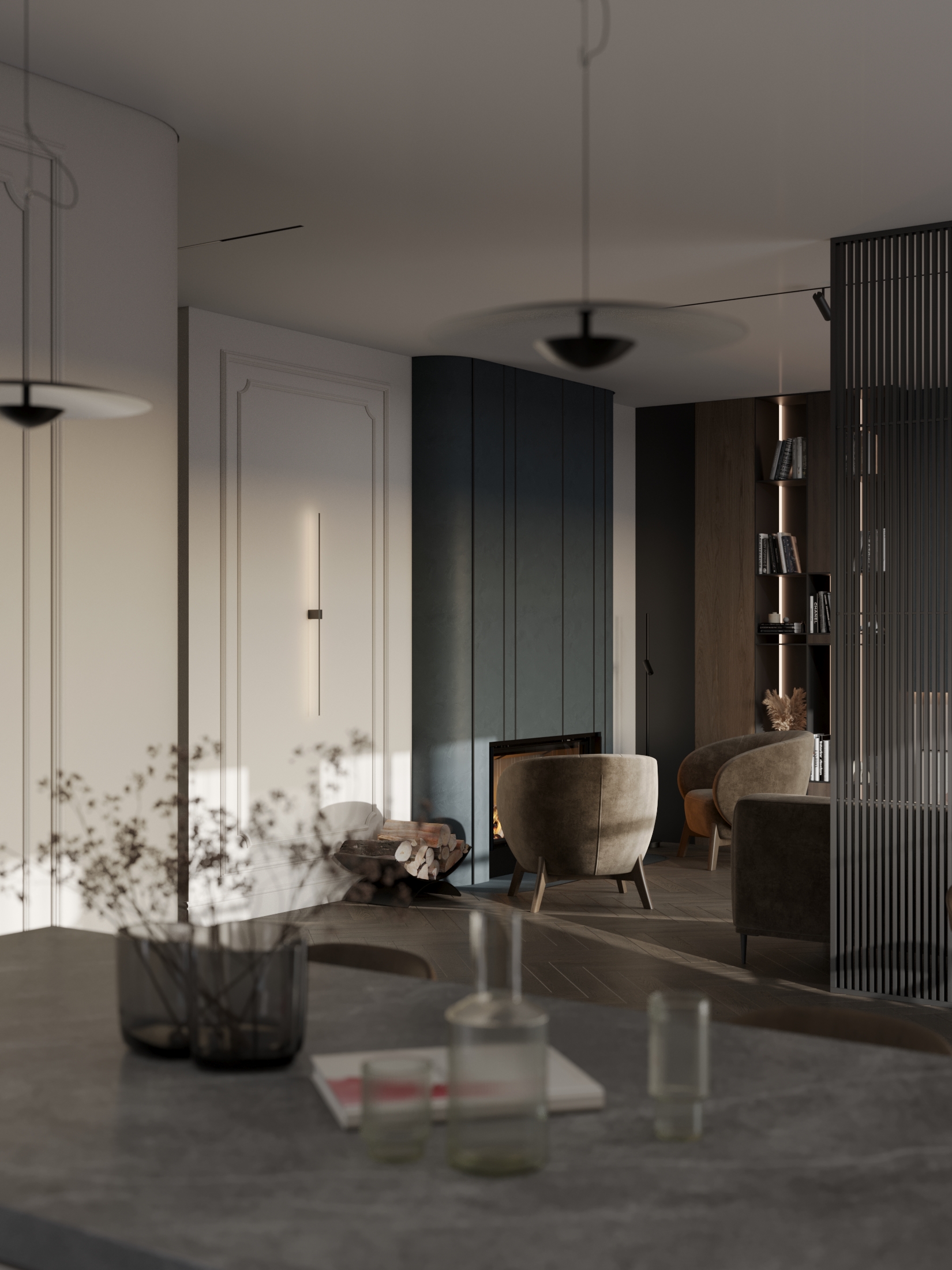 Гостиная с камином в загородном доме-8