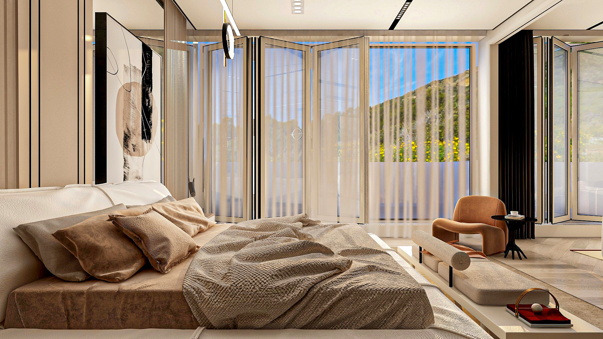 A serene bedroom with a modern minimalist aesthetic.-24