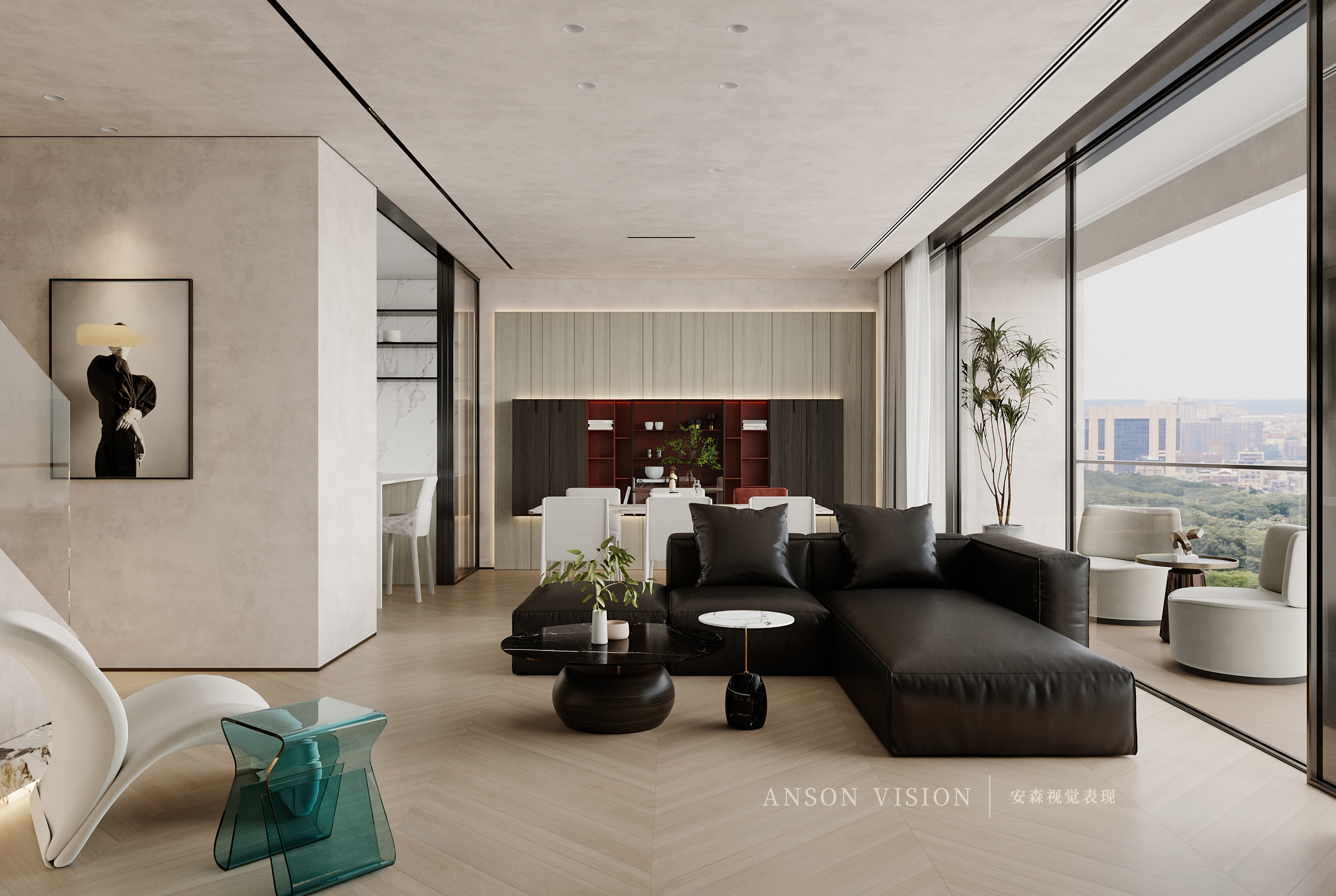 黑暗风现代客餐厅卧室设计案例丨Ansonvision·蒙头睡-3