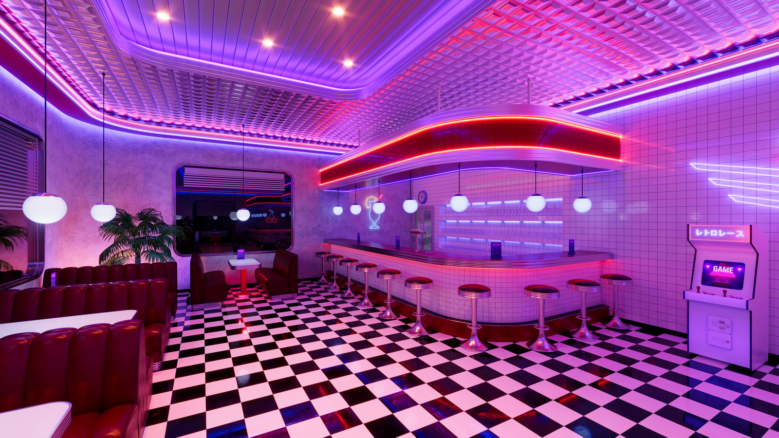 Retro diner interior with jukebox and arcade machine.-5